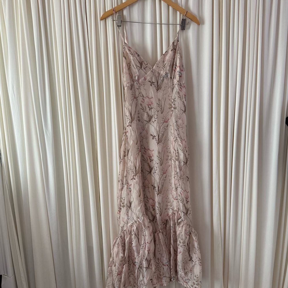 Storia Tulip FishTail Midi Dress Cream Floral Ruffle Holiday Party Festive Sz S - Picture 2 of 7